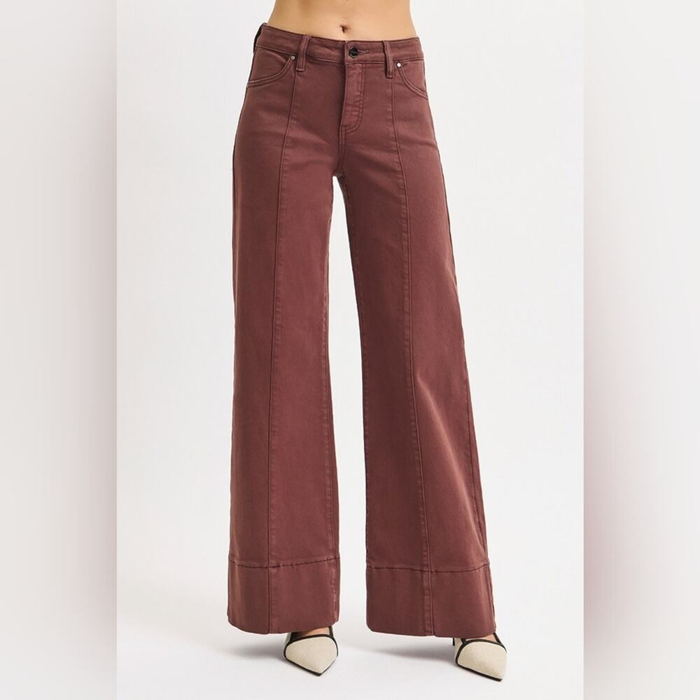138 | Risen Chocolate Brown Mid Rise Tummy Control Wide Leg Denim Jean